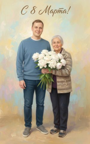 Эффект Мама с белыми пионами в стиле Открытка к 8 Марта