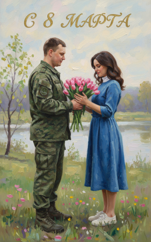 Эффект Военный дарит цветы в стиле Открытка к 8 Марта