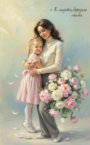 Эффект Мама с дочкой и пионы в стиле Открытка к 8 Марта
