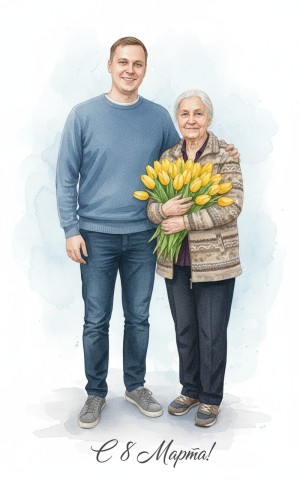 Эффект Любимая теща с желтыми тюльпанами в стиле Открытка к 8 Марта