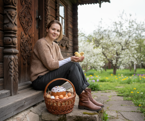 Эффект У деревянного дома с цыплятами в стиле Пасха