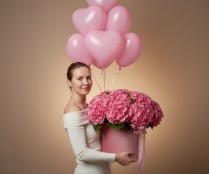 Эффект С корзиной гортензий и шариками в стиле С шариками 👩‍🦰