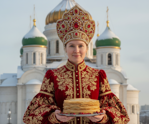 Эффект Масленица. Портрет в короне на фоне церкви в стиле Масленица