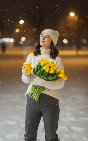 Эффект На улице зимой, с охапкой желтых тюльпанов в стиле 8 Марта