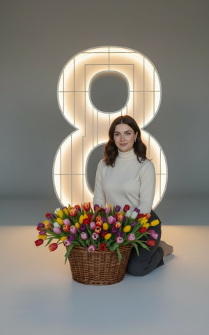 Эффект Студийное с корзиной тюльпанов в стиле 8 Марта
