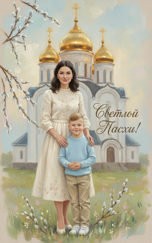 Эффект Открытка. На фоне храма в стиле Пасха
